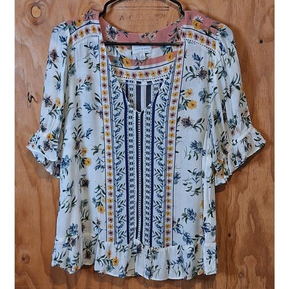 Lucky Brand Tops - Lucky Brand Shirt Women's Medium Bohemian Floral Ruffle Cottagecore Lightweight